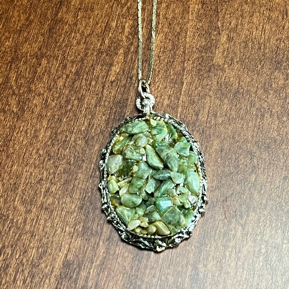 Vintage Silver Pendant Necklace with Jade Colored Stones, EUC - Picture 3 of 4